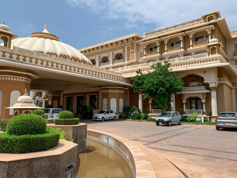 A stunning wedding venue in Jodhpur featuring majestic heritage architecture, intricate stone carvings, and royal décor