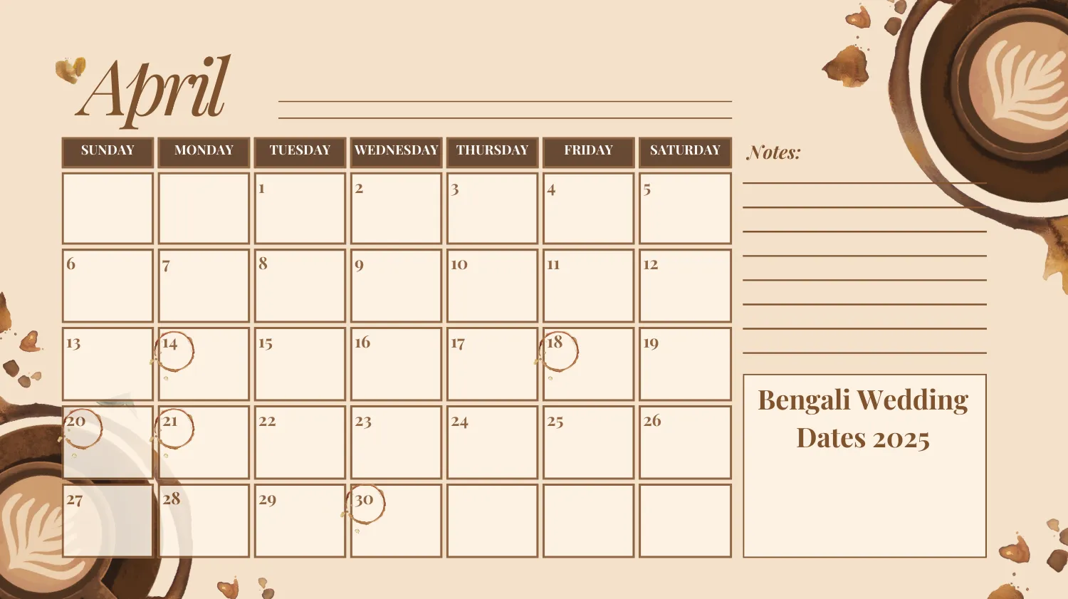 Bengali wedding calendar listing auspicious dates for Bengali weddings in April 2025.