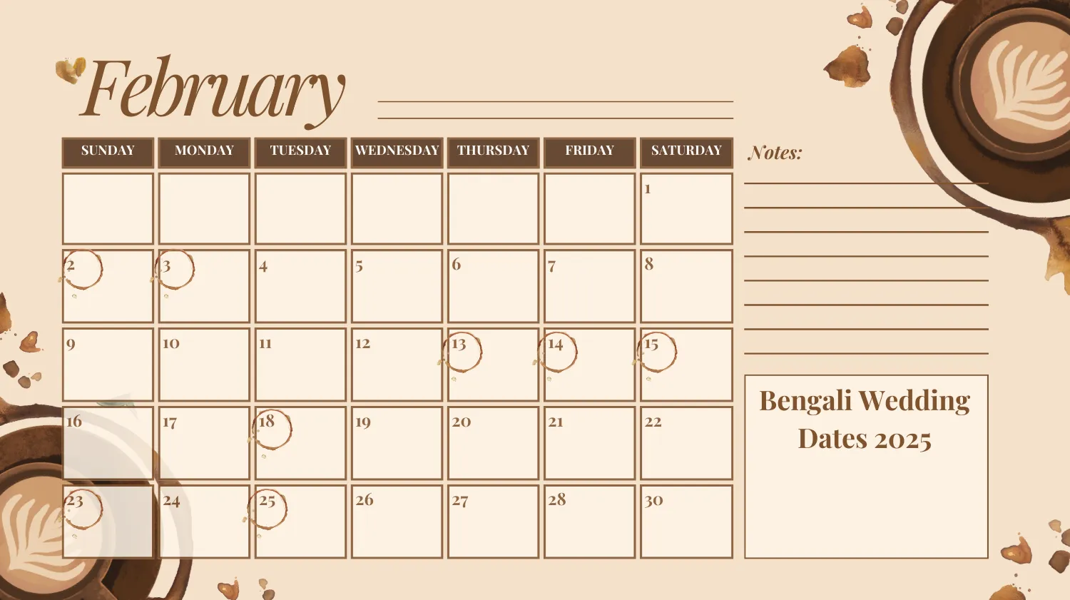 Bengali wedding calendar showing auspicious marriage dates for February 2025.