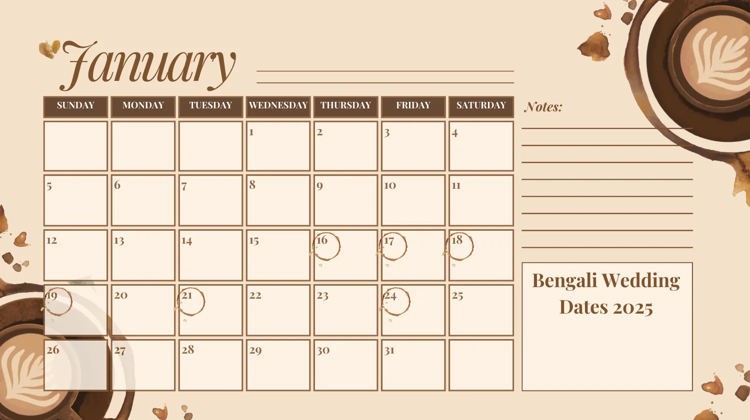 Bengali wedding calendar showing auspicious marriage dates for January 2025.