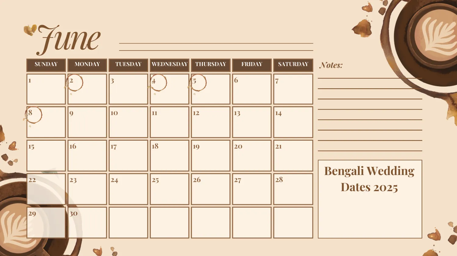 Bengali wedding calendar featuring suitable marriage dates for June 2025 before the monsoon break.