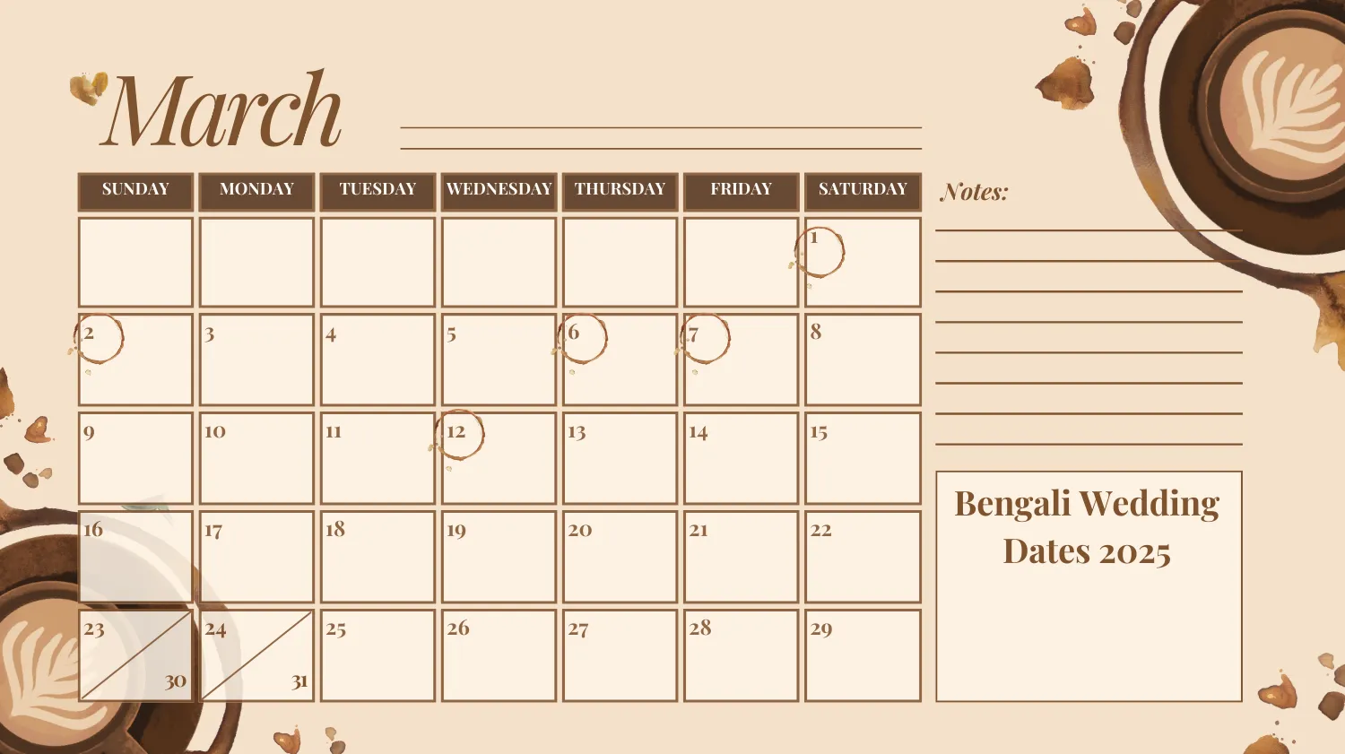 Bengali wedding calendar displaying favorable wedding dates for March 2025.