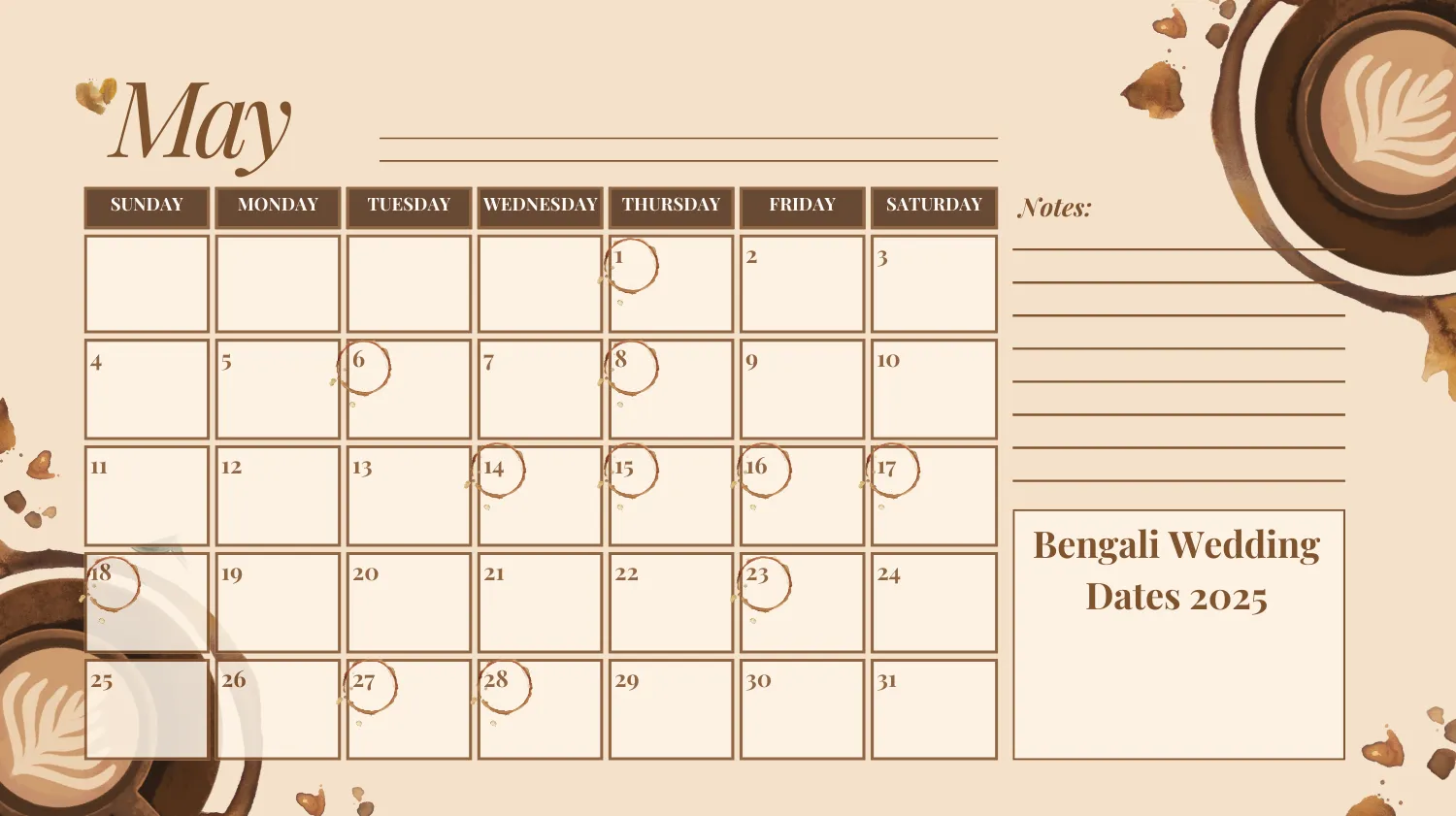 Bengali wedding calendar highlighting auspicious marriage dates in May 2025.