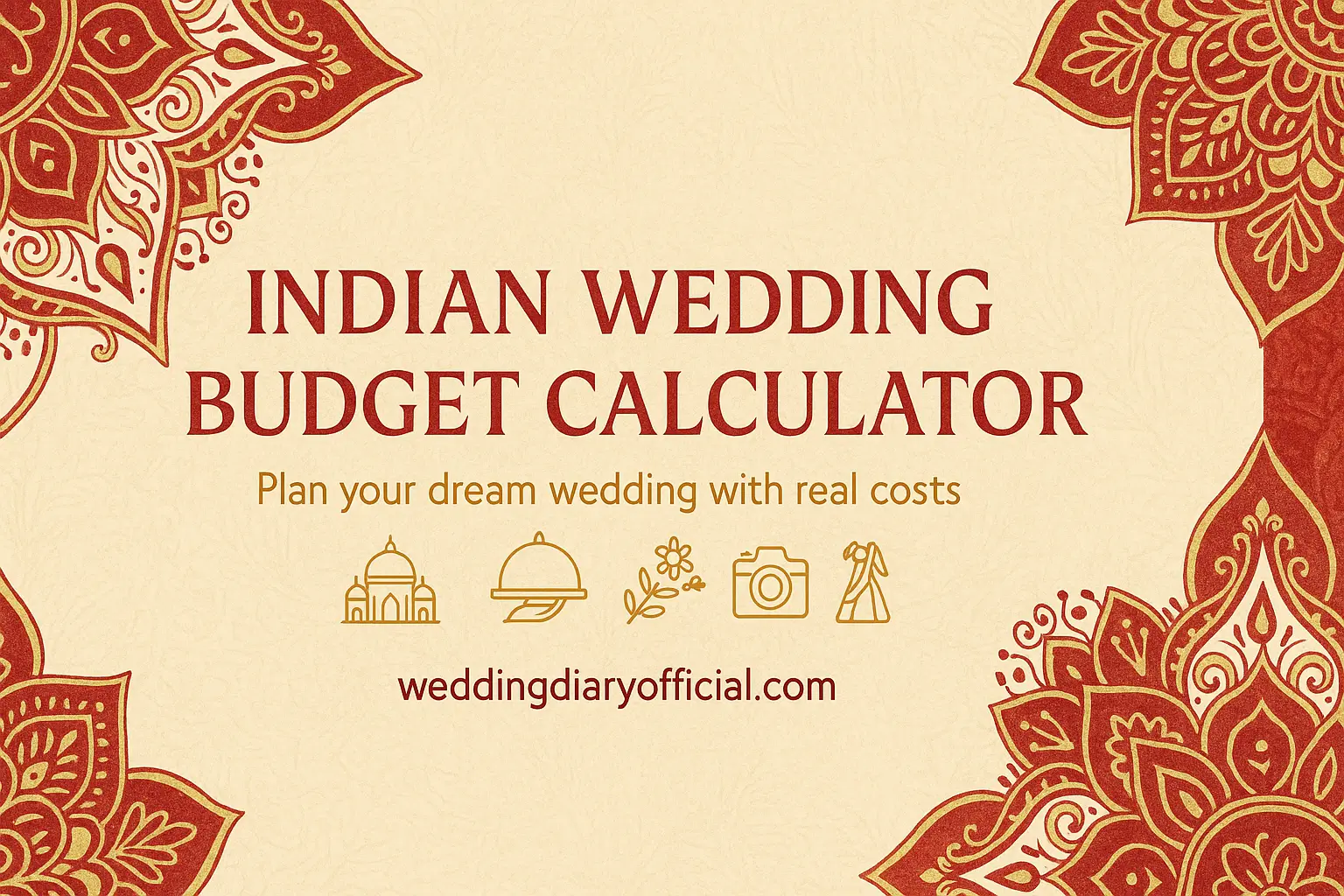 Elegant red-and-gold mandala banner reading “Indian Wedding Budget Calculator”